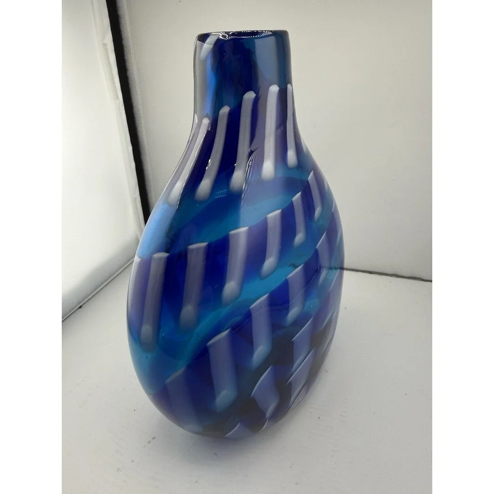 Crate & Barrel Mykonos Glass Bud Vase Hand Blown Vibrant Blue White Pattern 8.5